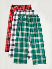 3 Pack Plus Size Casual Pajama Pants Set Women's Plus Plaid Print Elastic Waist