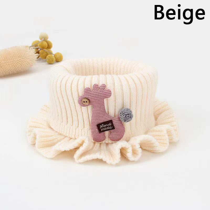 Girls Knitted Ruffled Scarf With Giraffe Patch Winter Neck Protector