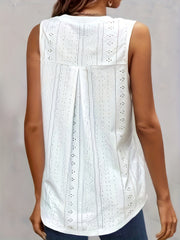 Eyelet Pleated Tank Top V Neck Sleeveless Summer Top