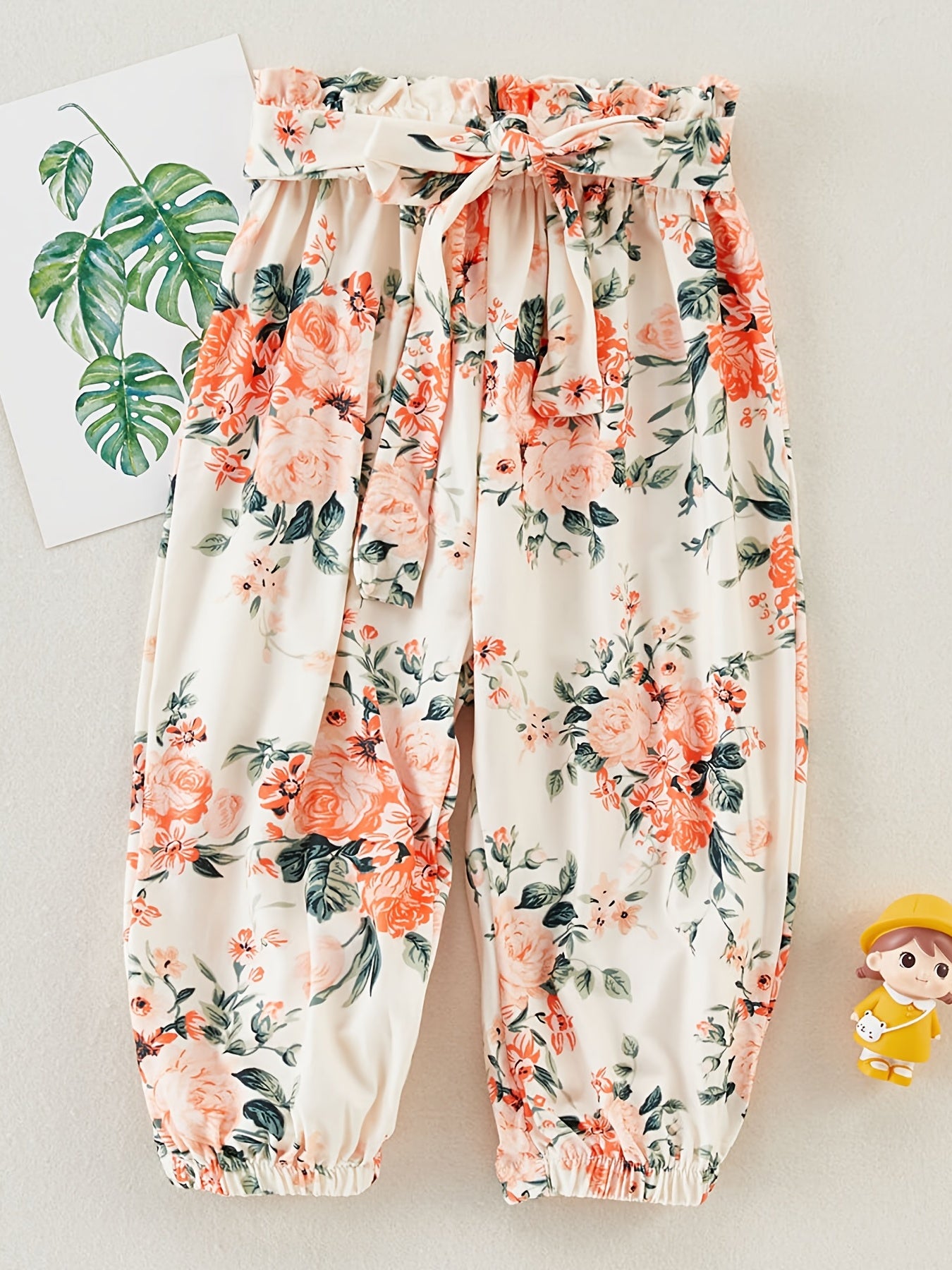 Girls Floral Print Trousers Ruffles Belted Pants Summer Clothes