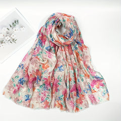 Pink Flower Printed Scarf Boho Frayed Edge Warm Shawl Women Casual