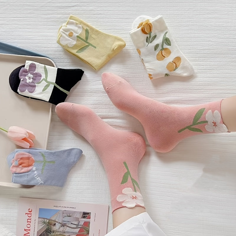 5 Pairs 3D Flower Mid-tube Crew Socks for Women