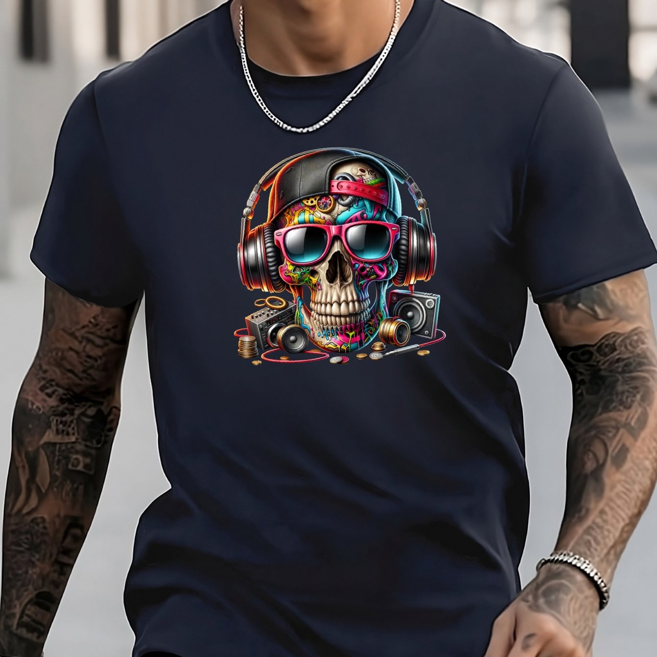 Men's Stylish Skull Pattern Shirt Casual Crew Neck Short Sleeve Tee