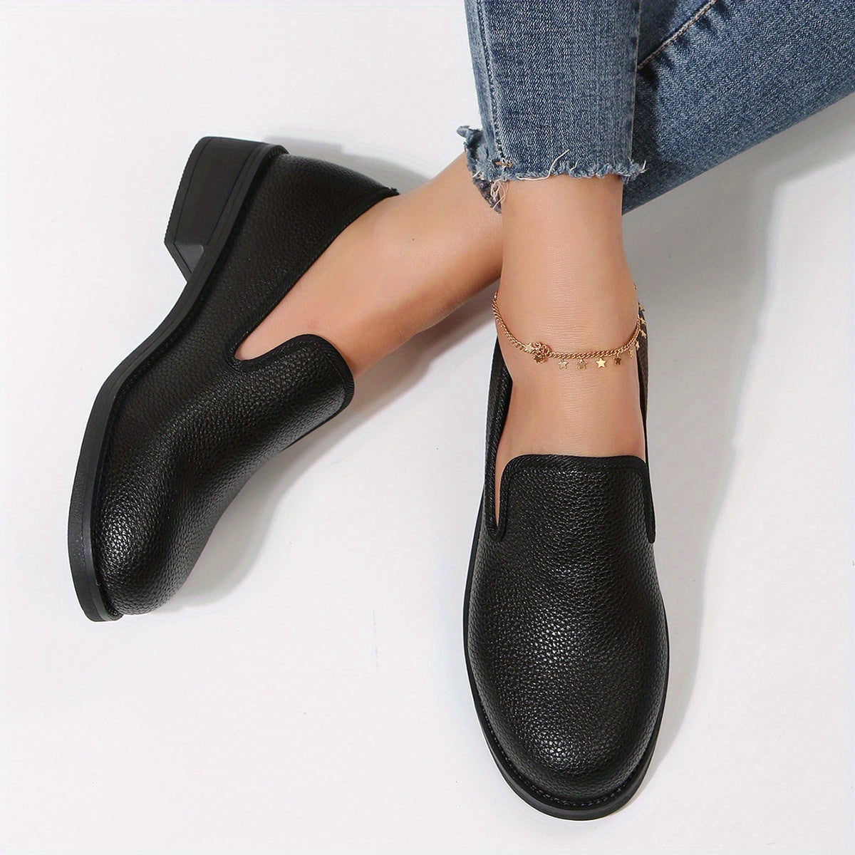 Lychee Pattern Loafers Chunky Heel Shoes Faux Leather