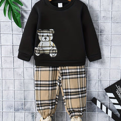 Baby Boys Cartoon Bear Tops Plaid Trousers Set Kids Clothes