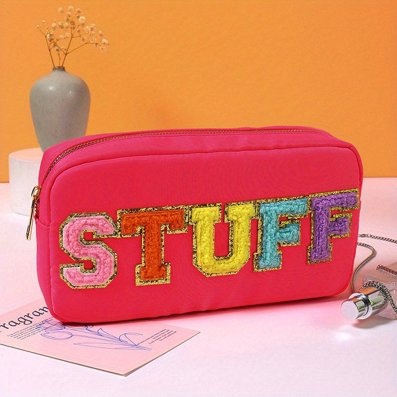Nylon Preppy Makeup Bag Organizer With Chenille Letter Patch