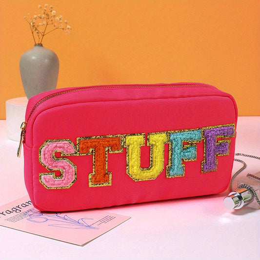 Nylon Preppy Makeup Bag Organizer With Chenille Letter Patch