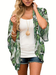 Leaf Print Cover Up Shirt V Neck Loose Fit Half Sleeves Non Stretch