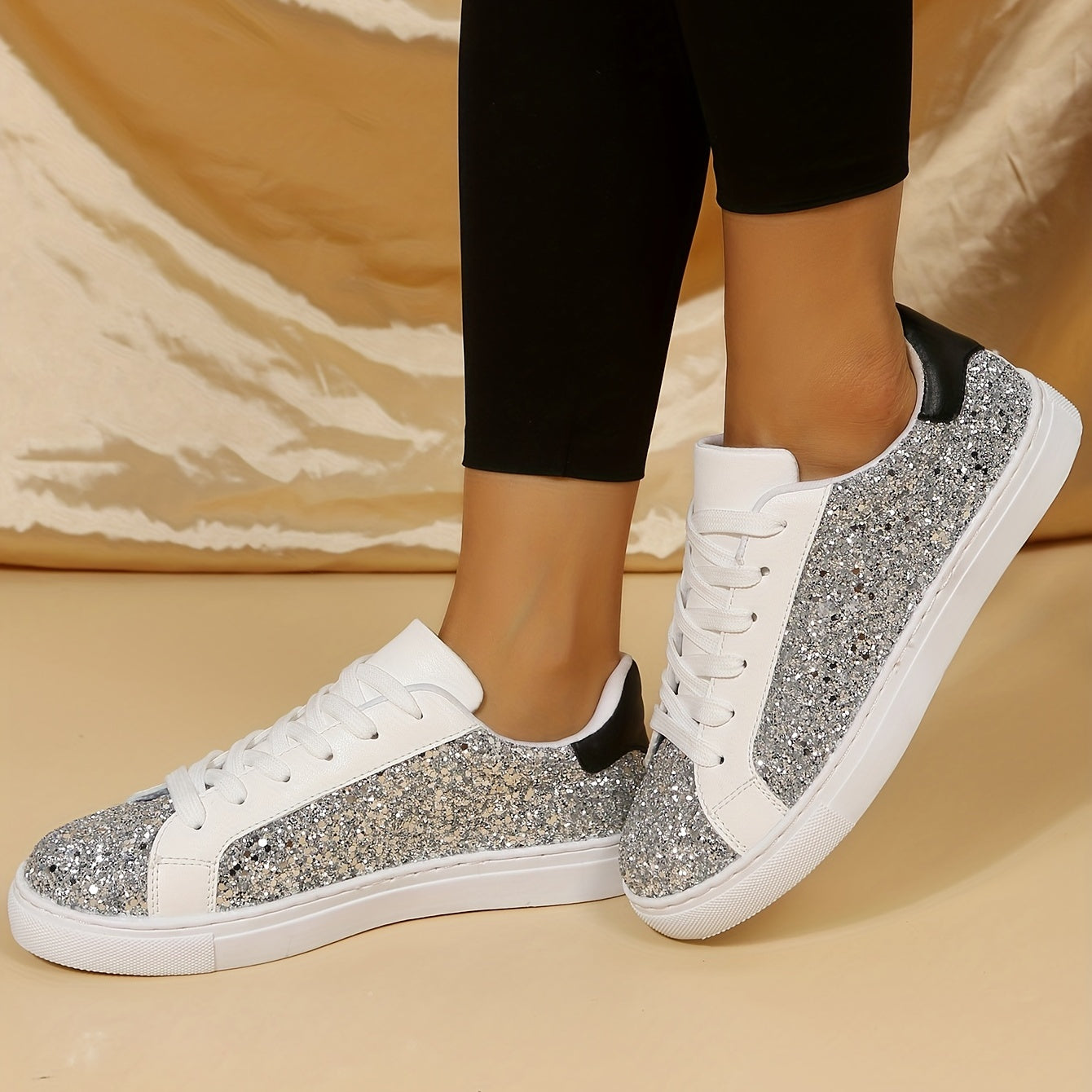 Sequin Decor Glitter Faux Leather Low Cut Lace Up Skate Shoes