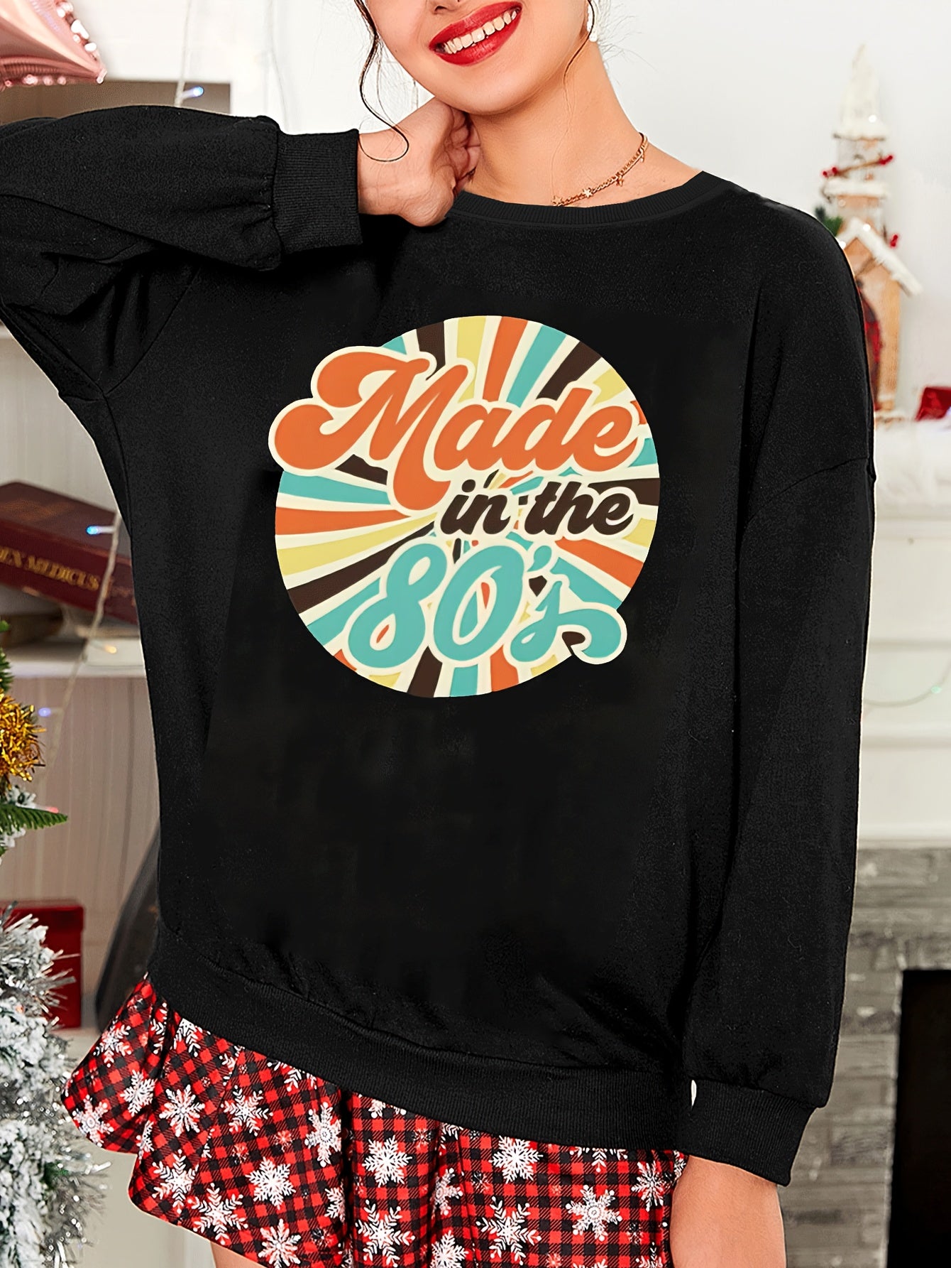 Lounge Top Women's Art Letter Print Long Sleeve Round Neck Stretch Tee