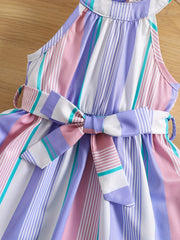 Toddler Girl's Striped Sleeveless Ruffle Dress with Belt