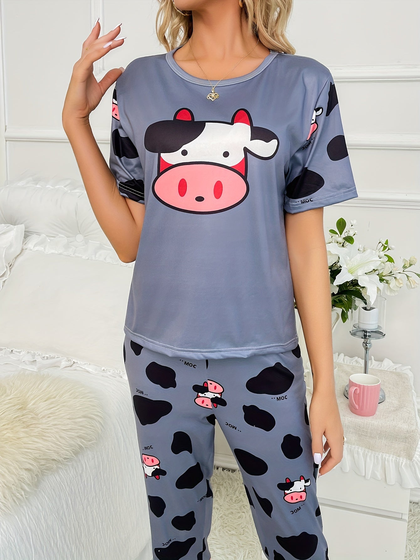 Cow Print Pajama Set Short Sleeve Crew Neck Top & Pants