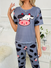 Cow Print Pajama Set Short Sleeve Crew Neck Top & Pants