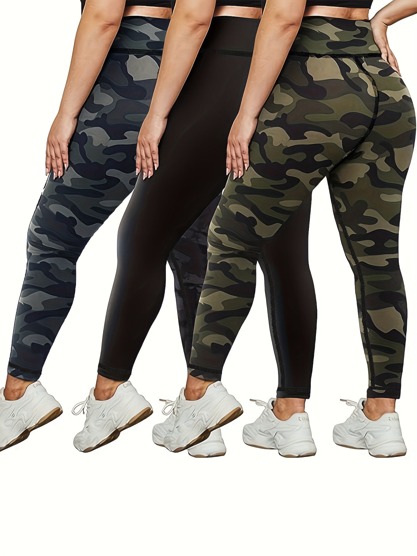 3 Pack Plus Size Camo Print High Rise Stretchy Running Yoga Pants