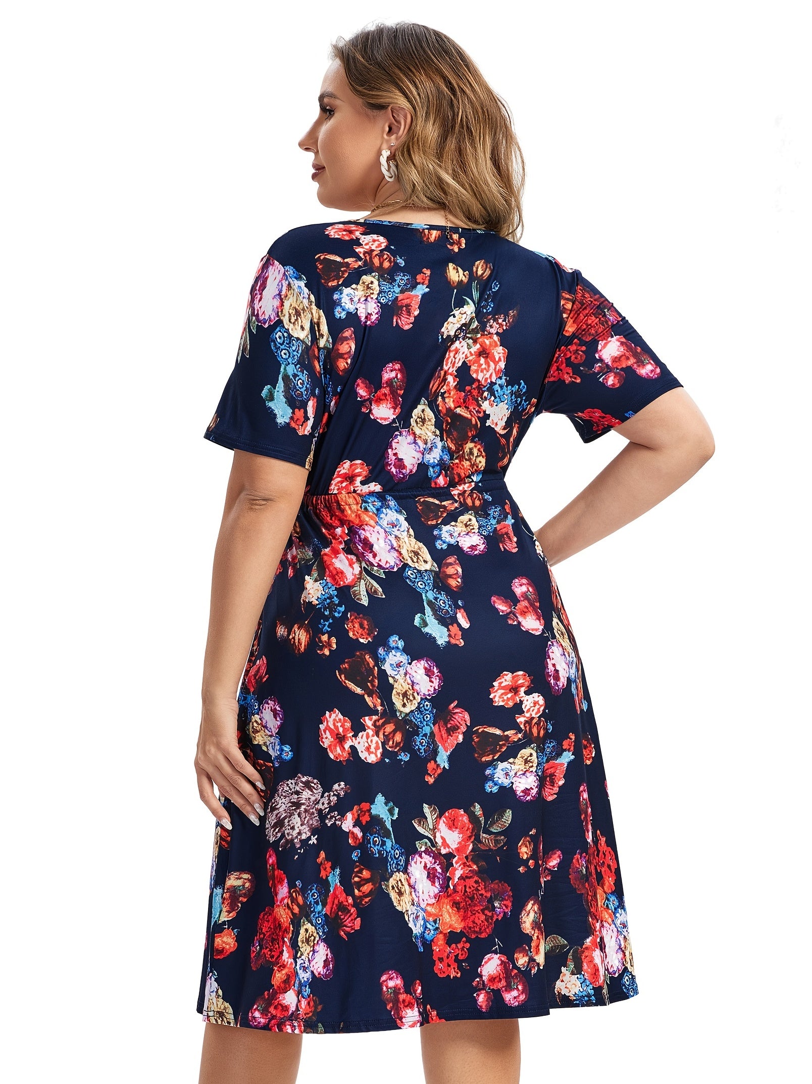 Floral Print V Neck Dress with Drawstring