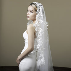 Long Bridal Veil with Leaf & Floral Lace Detailing