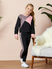 Girls Pink Leopard Colorblock Long Sleeve Sports Suit