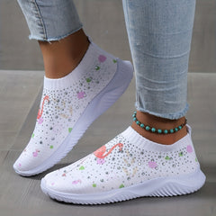 Women's Cartoon Pattern Sock Shoes Casual Rhinestone Decor Low Top