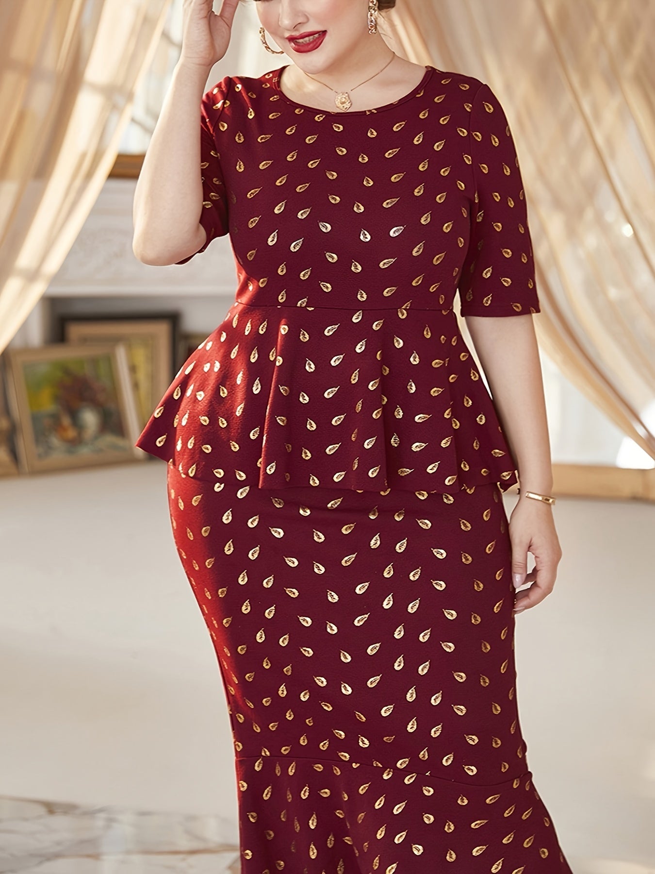 Women's Golden Dot Print Ruffle Trim Mermaid Dress