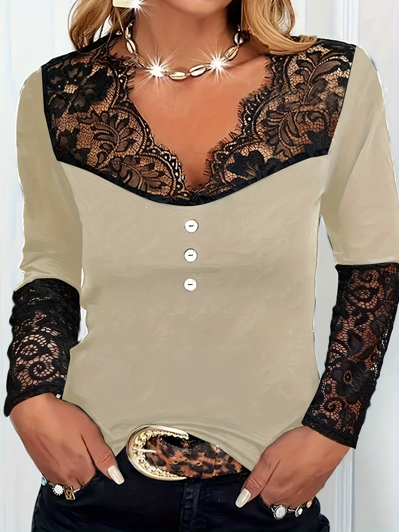 Solid Lace Long Sleeve V Neck Knit Top