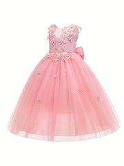 Girls Pearl Embroidered Mesh Bow Princess Party Dress