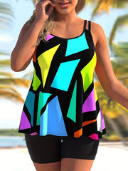 Graphic Print Tankini Set Split Strap Top & Shorts Swimsuit