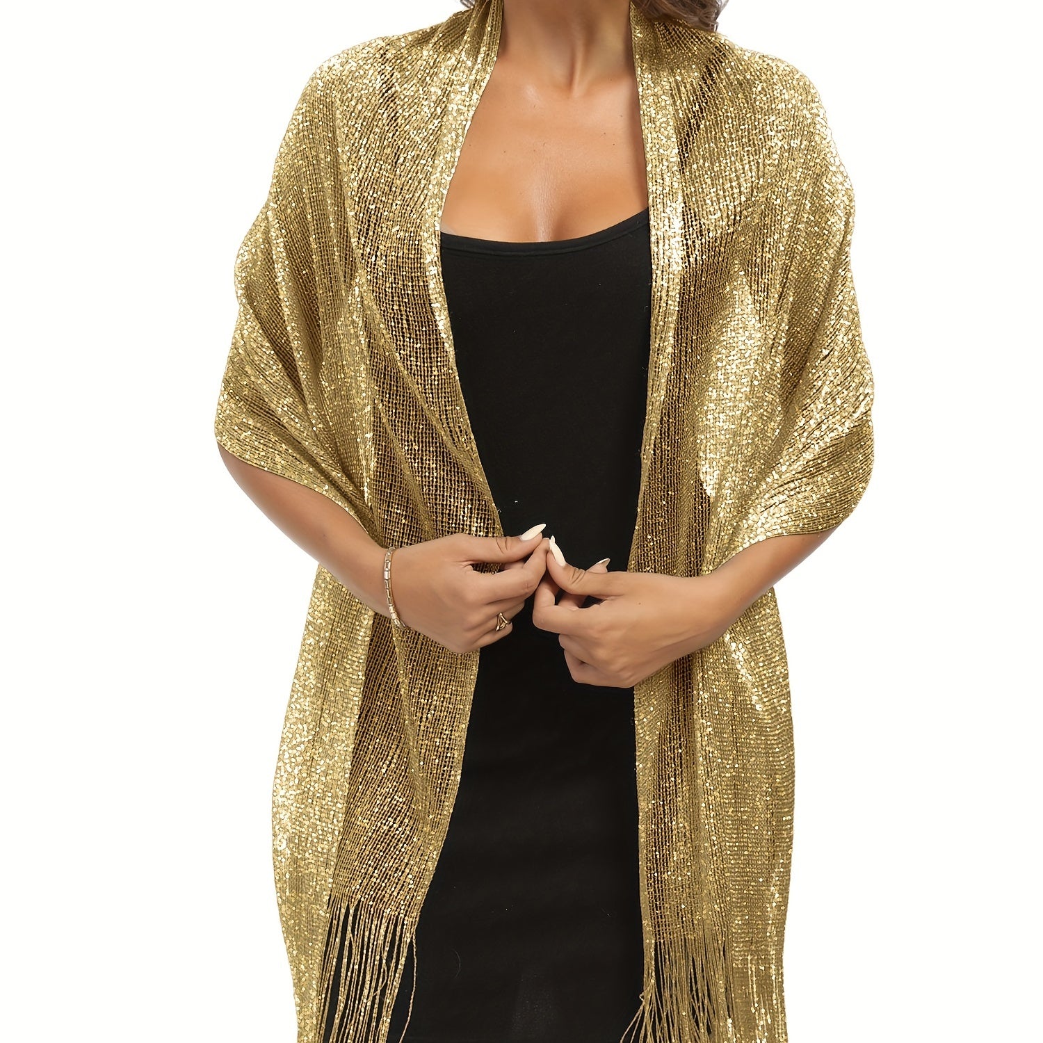 Metallic Shawls Round Buckle Tassel Wraps Scarf For Evening Party Wedding