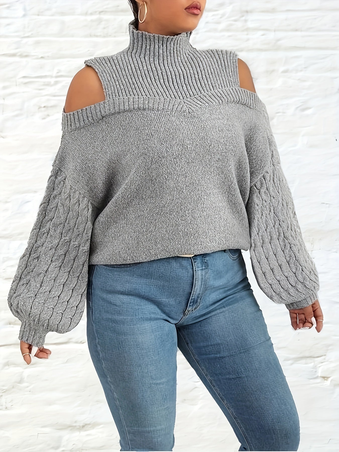 Solid Jacquard Cut Out Lantern Sleeve High Neck Sweater