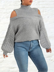 Solid Jacquard Cut Out Lantern Sleeve High Neck Sweater