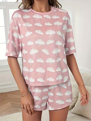 Cloud Print Pajamas Set Short Sleeve Crew Neck Top & Shorts