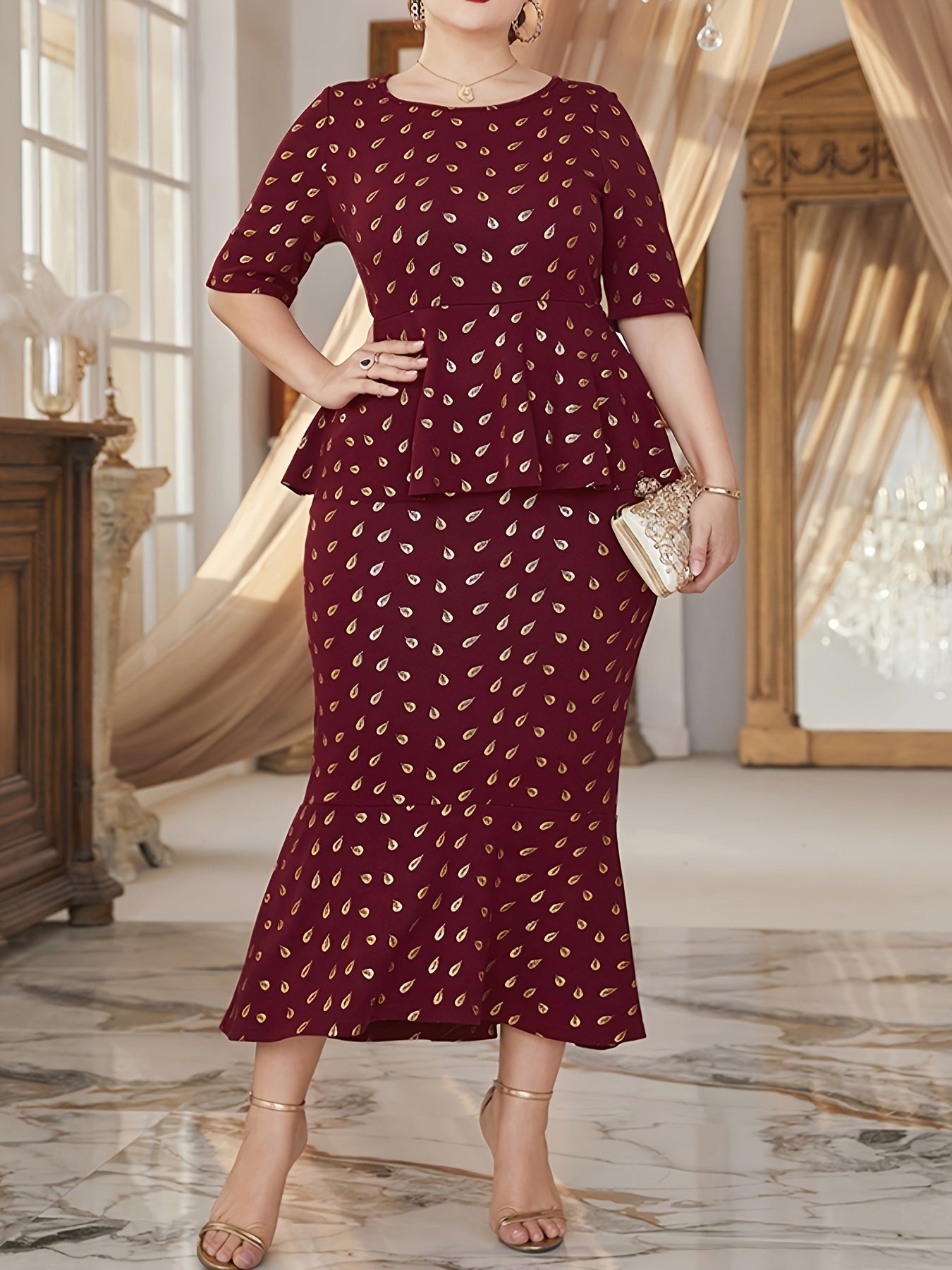 Women's Golden Dot Print Ruffle Trim Mermaid Dress