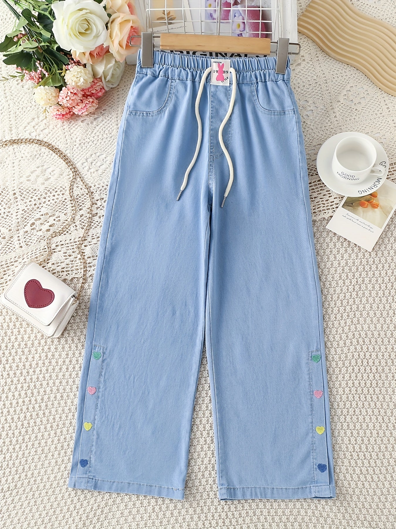 Girls Heart Print Casual Wide Leg Jeans for Children