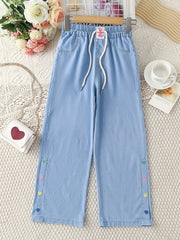 Girls Heart Print Casual Wide Leg Jeans for Children