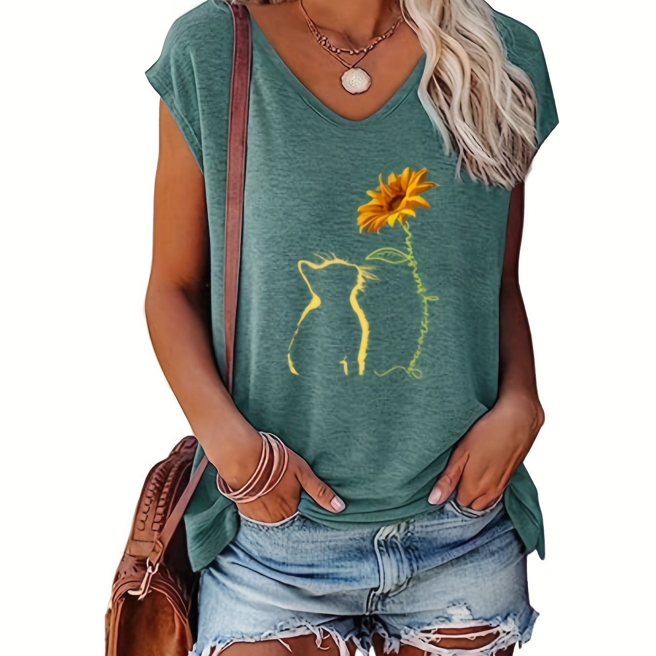 Cat & Sunflower Print Tank Top Cap Sleeve Women's Summer Casual Top