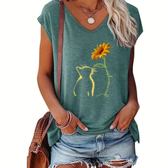 Cat & Sunflower Print Tank Top Cap Sleeve Women's Summer Casual Top