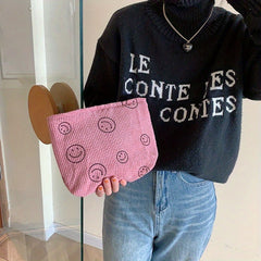 Corduroy Smile Face Cosmetic Bag Large Capacity Travel Toiletry Pouch