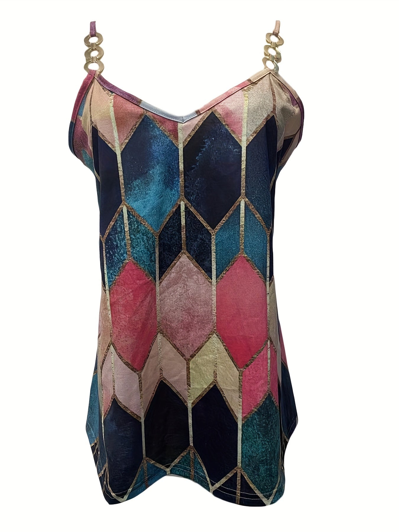 Argyle Print Cami Top Chain Sleeveless V Neck Summer Top