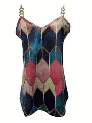 Argyle Print Cami Top Chain Sleeveless V Neck Summer Top