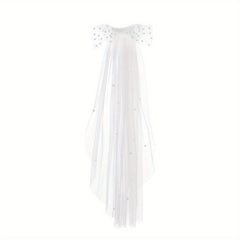 Sheer Long Wedding Veil with Bow & Comb Bridal Veil with Beads
