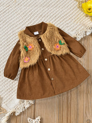 Toddler Baby Girl Dress Corduroy Button Down Faux Fur Vest Outfit Set