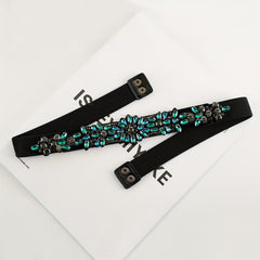 Green Rhinestone Elastic Waistband Vintage Belts Women's Dress Coat Girdle