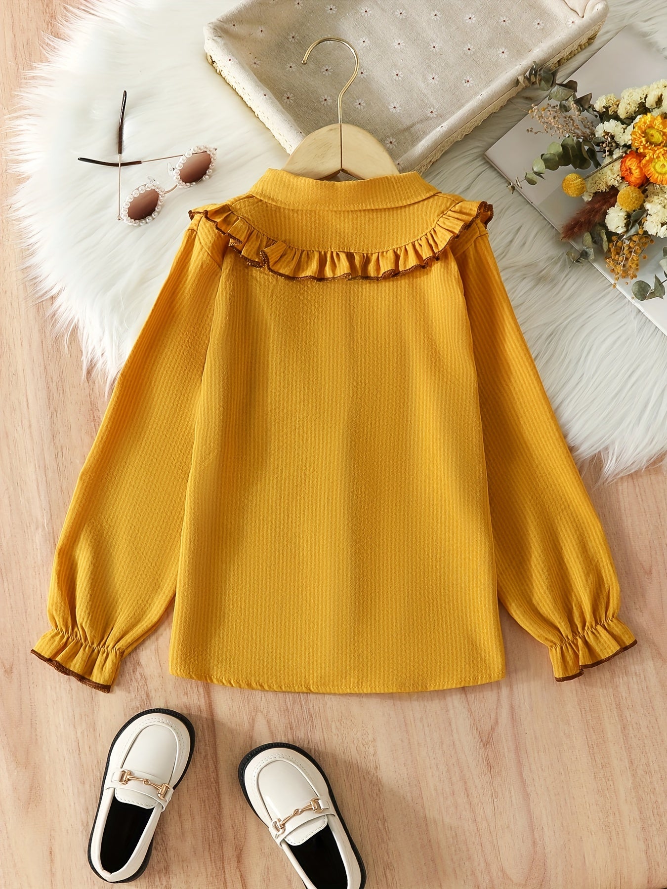 Girls Preppy Shirt Ruffle Trim Turn Down Collar Striped Blouse Top