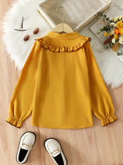 Girls Preppy Shirt Ruffle Trim Turn Down Collar Striped Blouse Top