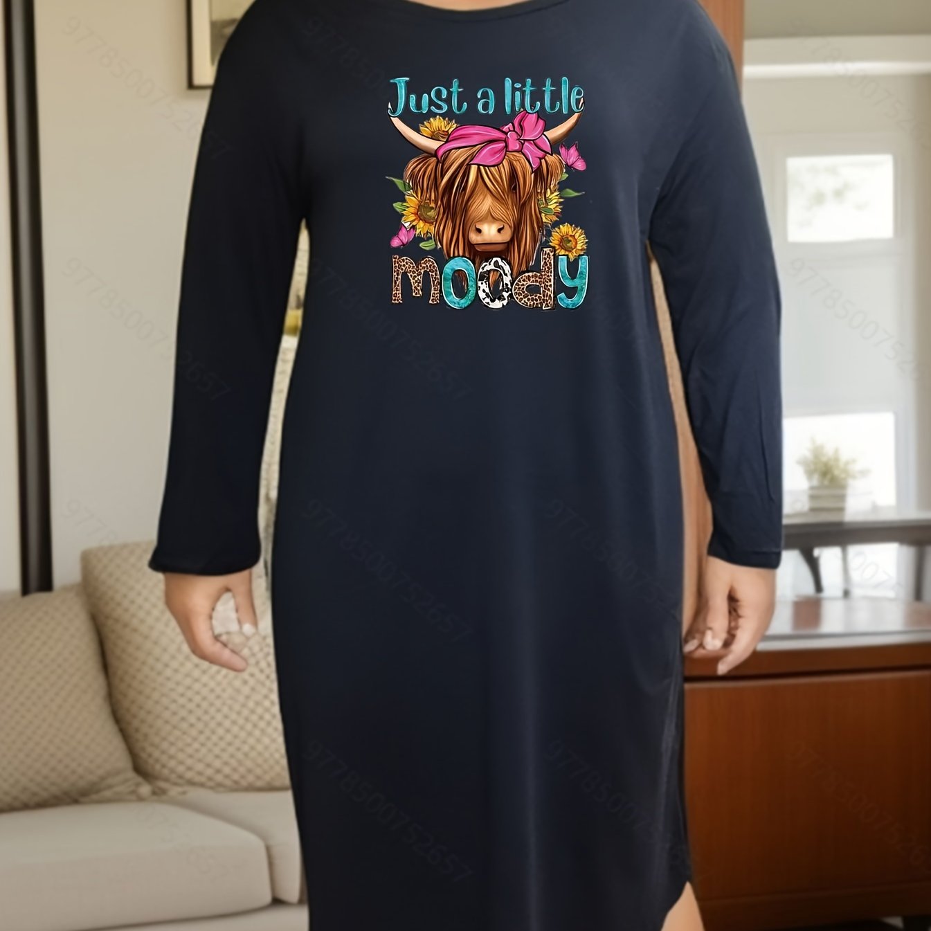 Western Lounge Dress Women's Plus Bow Cow & Letter Print Long Sleeve