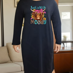 Western Lounge Dress Women's Plus Bow Cow & Letter Print Long Sleeve