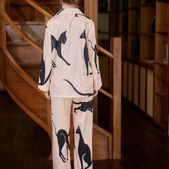 Cat Print Pajama Set Long Sleeve Buttons Top & Elastic Waistband Pants
