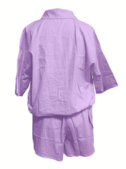 Casual Solid Two piece Shorts Set Shirt & Shorts Outfits Women's Clothing