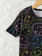 Boys Cartoon Face Print Pajamas Set