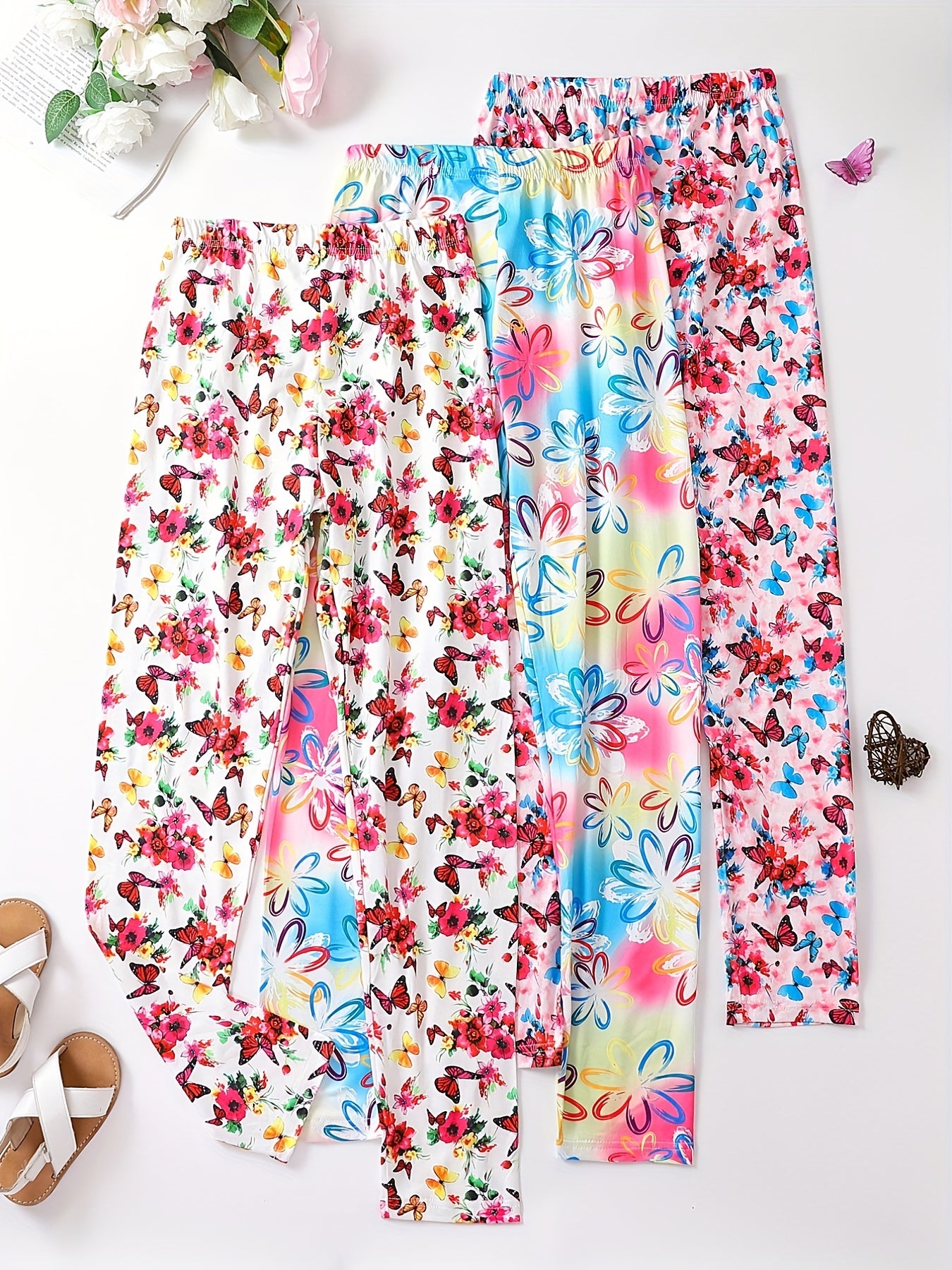 Girls Butterfly & Flowers Print Yoga Pants, Slim Fit Leggings