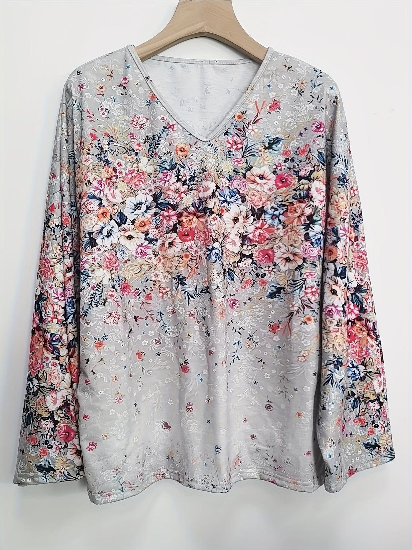 Floral Print Long Sleeve VNeck Sweatshirt Casual Fall Winter Women's Clothing